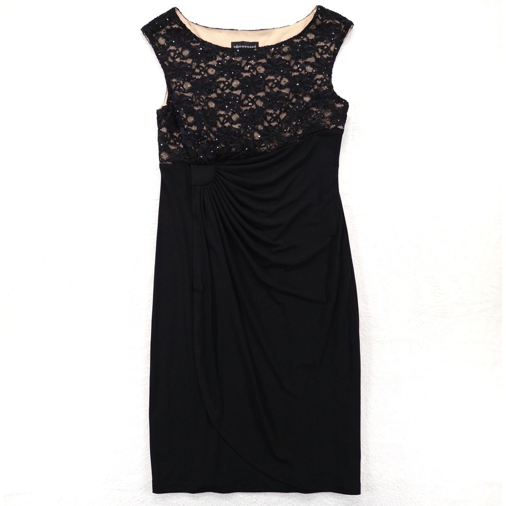 Connected Apparel Womens Dress 14 Black Lace Sequin Side Drape Cocktail Party